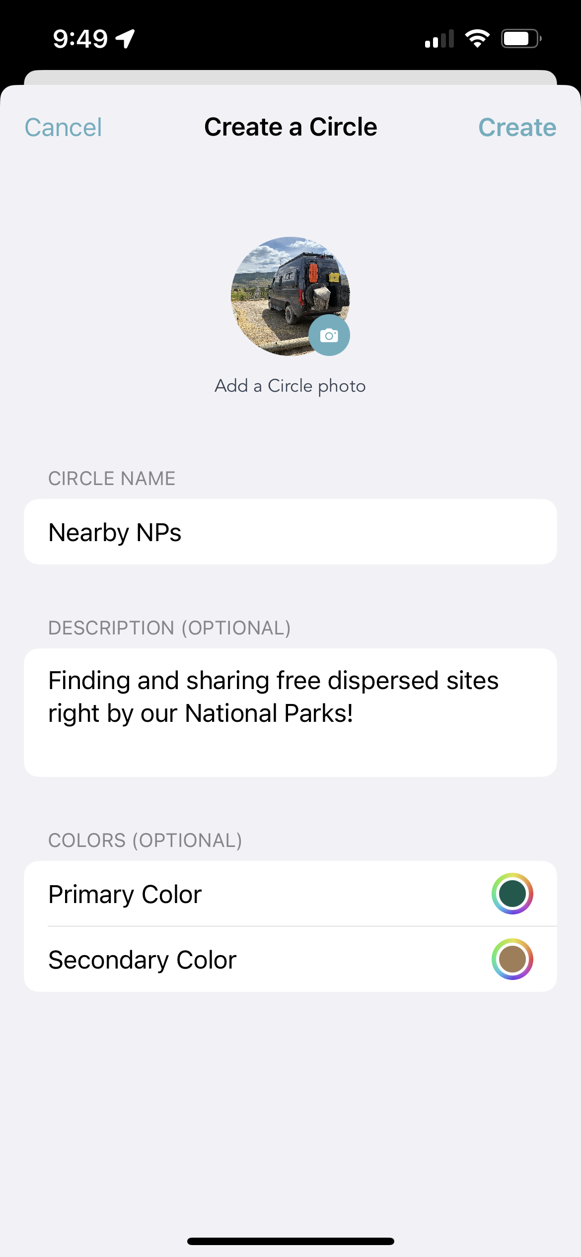 Grover app showing the Create a Circle form with Circle Name, Description, and Color picker fields