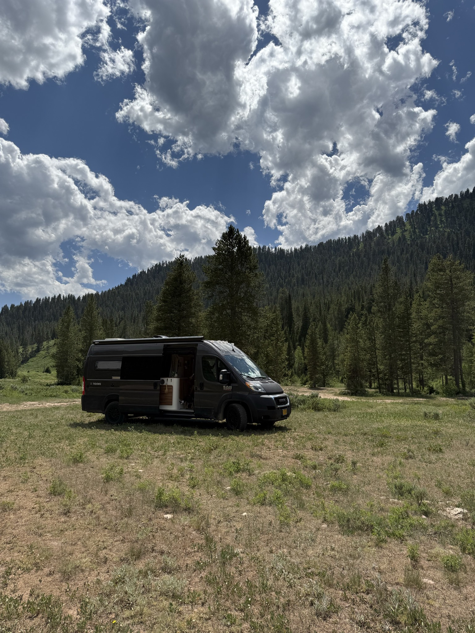 A Noovo camper van parked in a mountain meadow near Amy's Cliff Creek pin
