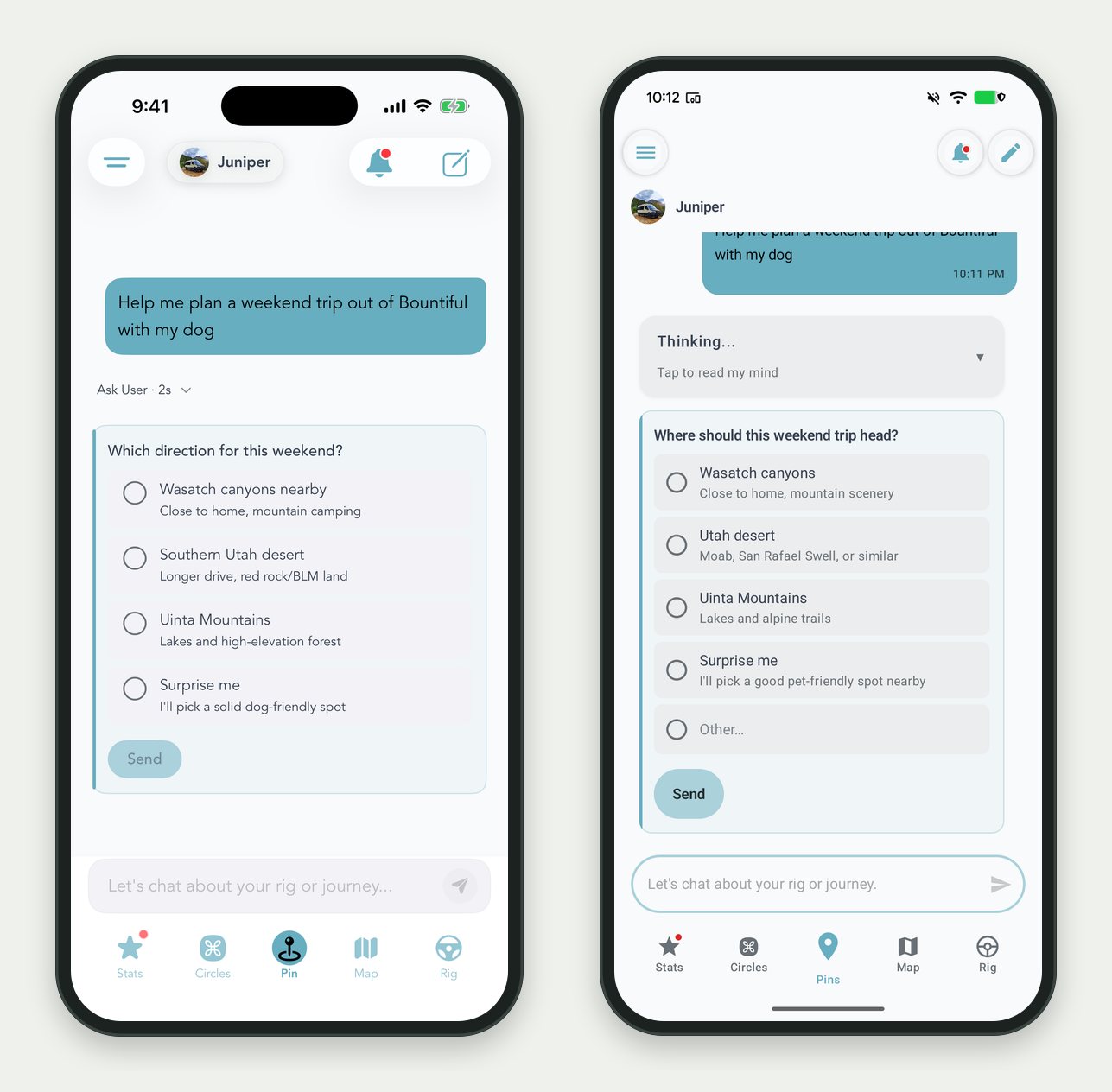 A Grover assistant asking which direction a weekend trip should head, with tappable answers, on iPhone and Android