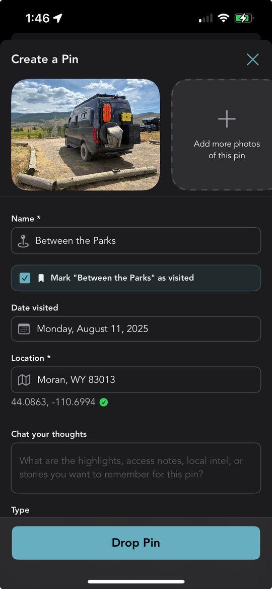 Grover's Create a Pin screen showing an automatically detected bucket list match with a one-tap checkbox to mark it visited