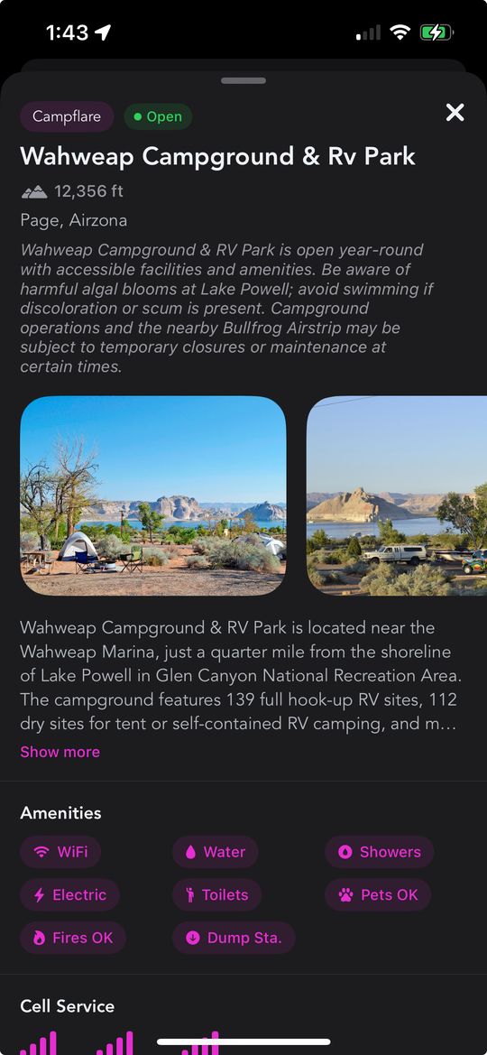 Detailed Campflare campground card in the Grover app for Wahweap Campground and RV Park in Page, Arizona, showing an open status badge, description, two photos, and an amenities grid