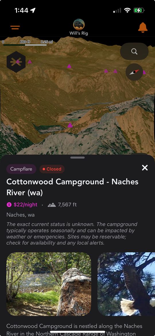 Grover map showing pink triangle Campflare campground pins across mountainous terrain, with a bottom sheet preview of Cottonwood Campground on the Naches River in Washington showing price and elevation