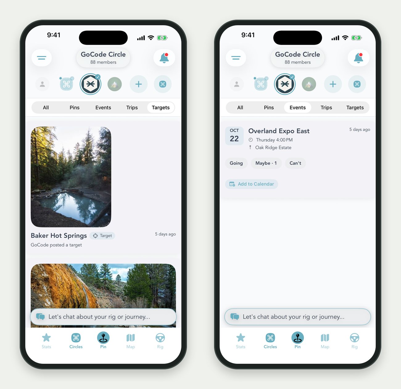 A Circle feed filtered to Targets and to Events in the Grover app