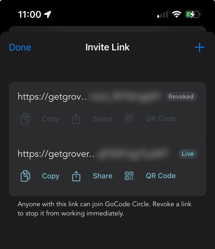 The Grover Invite Link screen showing two invite links for a Circle, the first greyed out with a Revoked badge and the second active with a Live badge, each row offering Copy, Share and QR Code actions, above the note that anyone with this link can join the Circle and revoking stops it working immediately