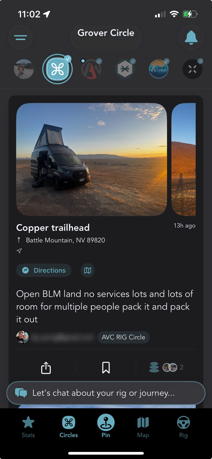 The Grover Circles feed showing a row of Circle avatars across the top and a pin card for Copper trailhead near Battle Mountain, Nevada, with a photo of a pop-top van at sunset on open desert, a Directions button, a note about open BLM land, and the Stats, Circles, Pin, Map and Rig tab bar across the bottom