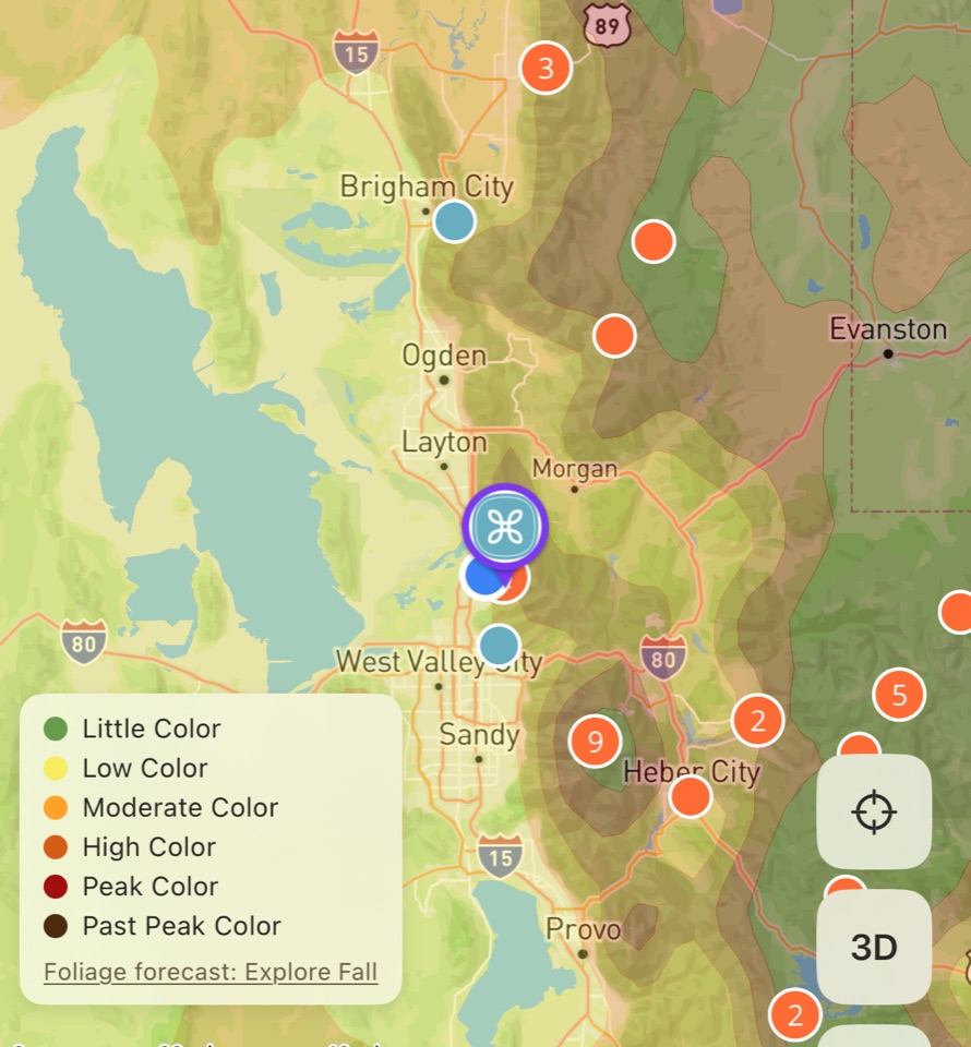 The Grover map of northern Utah with the fall color layer on, shading the Wasatch from little color to past peak, with a legend crediting the foliage forecast to Explore Fall