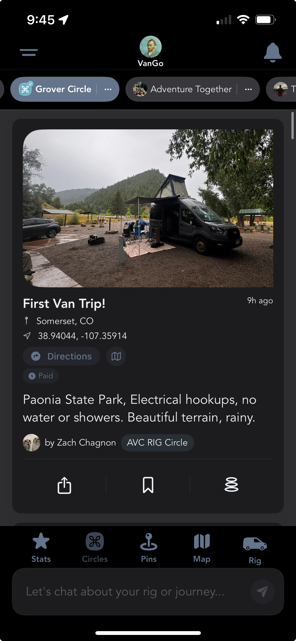 A Grover feed card for a First Van Trip pin at Paonia State Park, with Directions and a map icon button that jumps straight to the pin's spot on the map