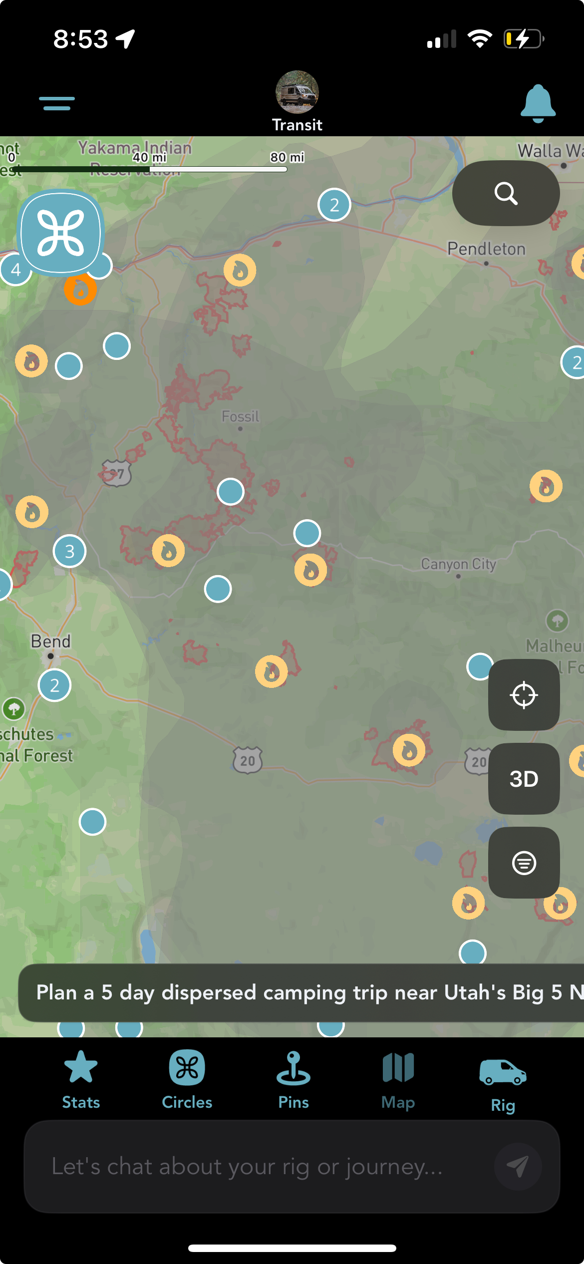 Grover map over Oregon showing fire hotspot icons and shaded red fire perimeter boundaries near Fossil and Canyon City