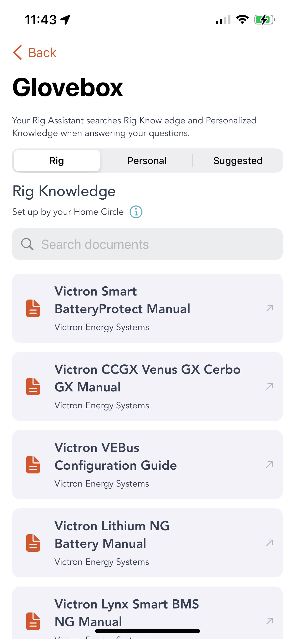 The Grover Glovebox screen with a banner reading Your Rig Assistant searches Rig Knowledge and Personalized Knowledge when answering your questions, a three way switcher set to Rig, a Rig Knowledge heading with the subtitle Set up by your Home Circle, a Search documents field, and document rows for Victron Smart BatteryProtect Manual, Victron CCGX Venus GX Cerbo GX Manual, Victron VEBus Configuration Guide, Victron Lithium NG Battery Manual and Victron Lynx Smart BMS NG Manual, each labelled Victron Energy Systems
