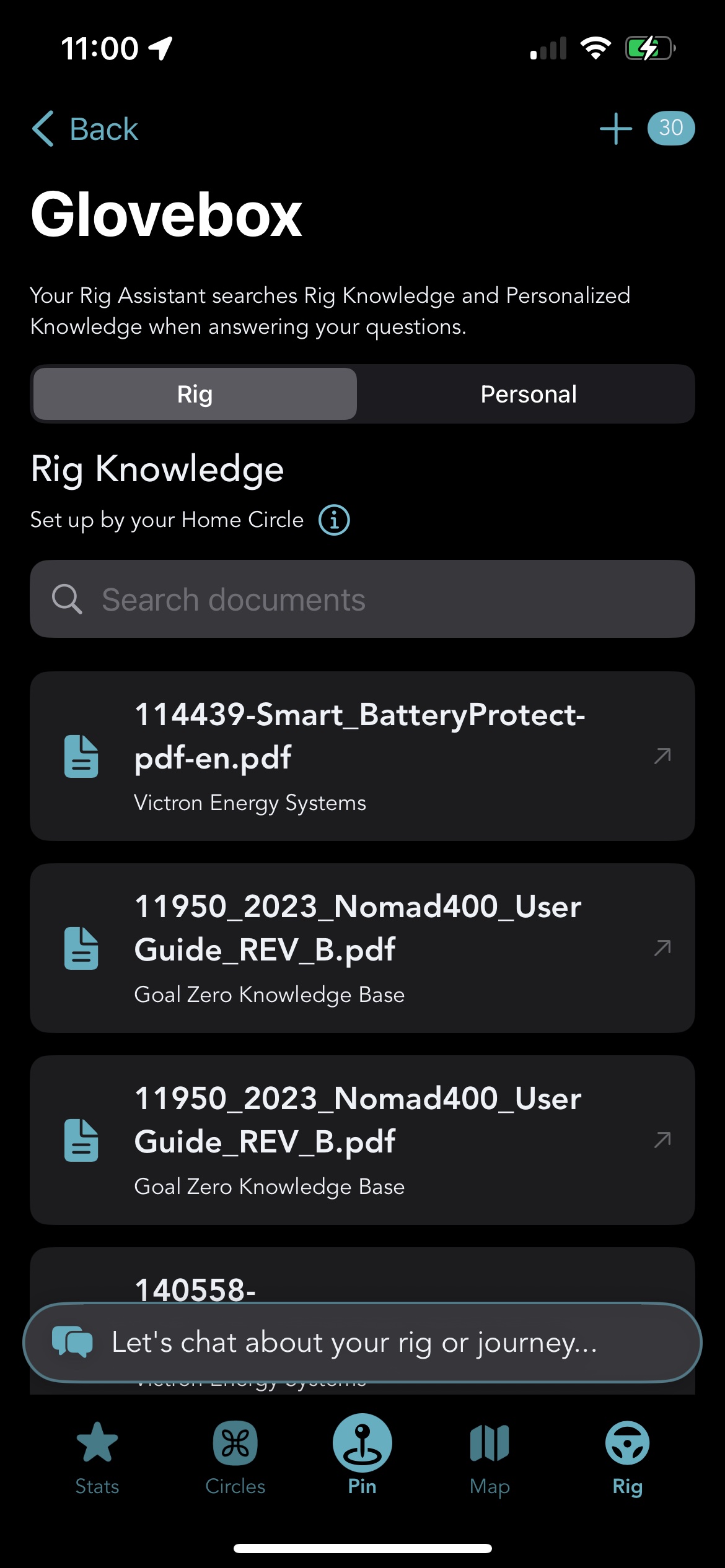 The Grover Glovebox screen with a banner reading Your Rig Assistant searches Rig Knowledge and Personalized Knowledge when answering your questions, a two way switcher set to Rig Knowledge, a Search documents field, document rows from Victron Energy Systems and Goal Zero Knowledge Base, and a plus button with a document count in the top toolbar