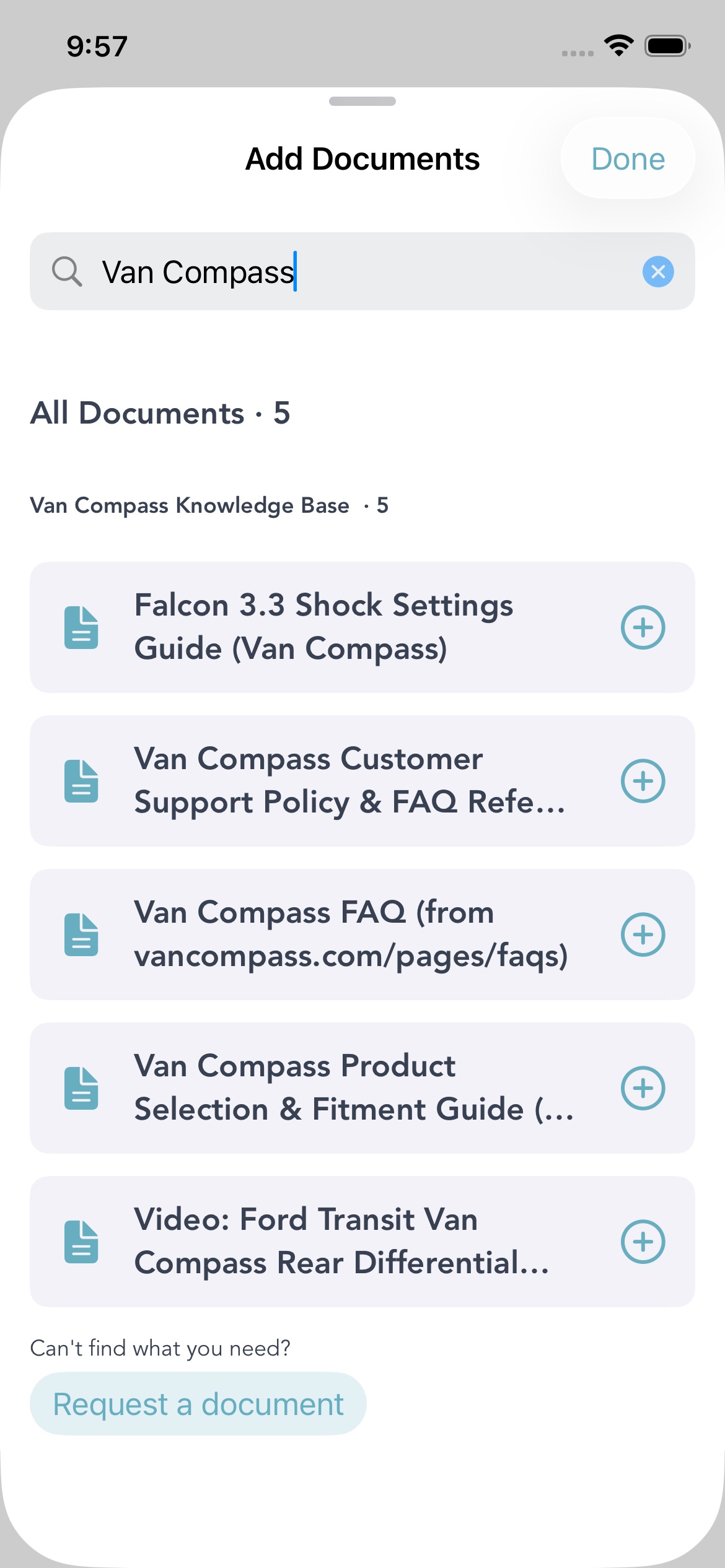 The Grover Glovebox Add Documents sheet searching Van Compass, showing five results under Van Compass Knowledge Base including the Falcon 3.3 Shock Settings Guide, the customer support policy and FAQ, and the product selection and fitment guide, each with a plus button