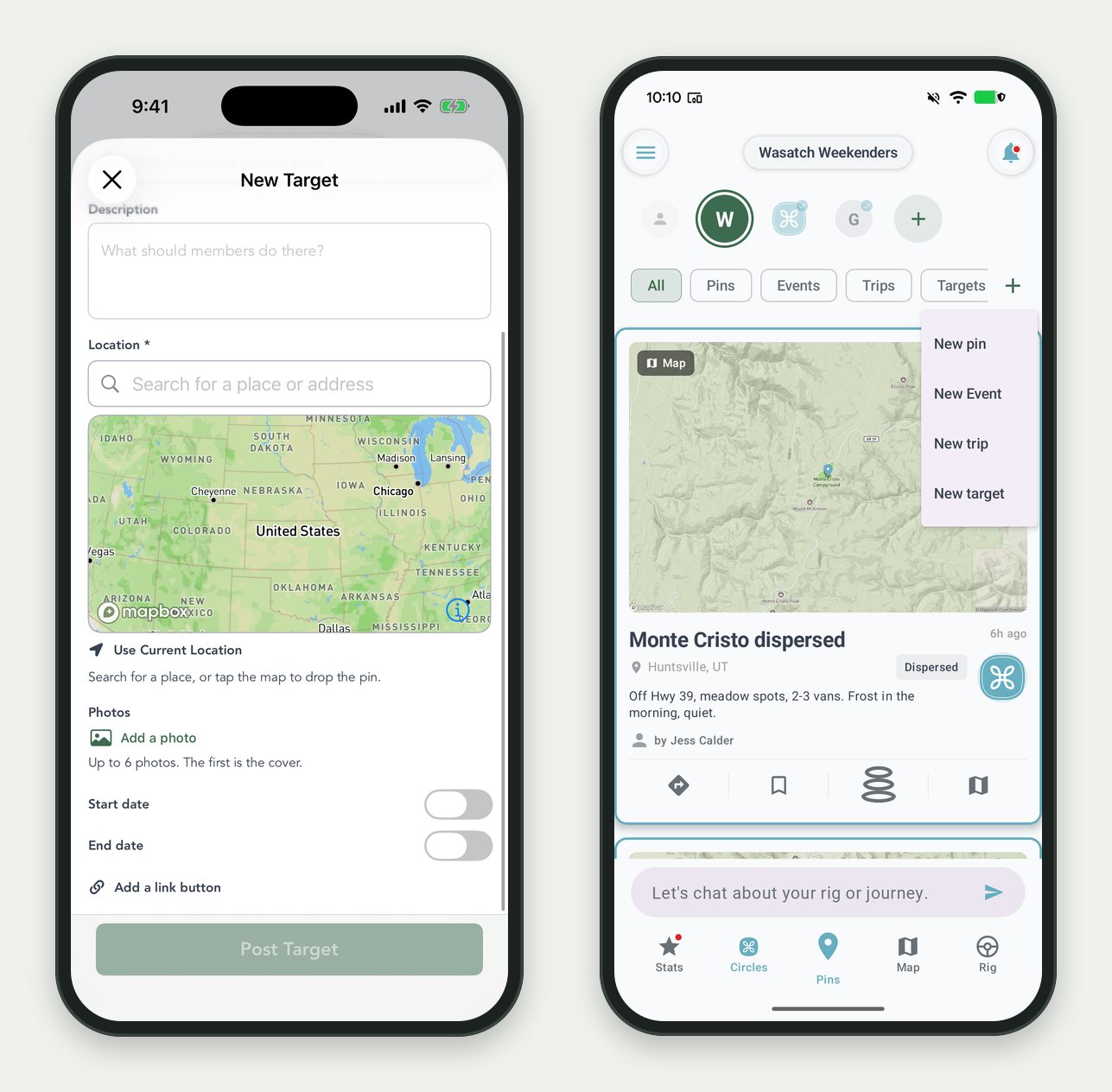 The New Target form on iPhone beside a Circle's create menu on Android