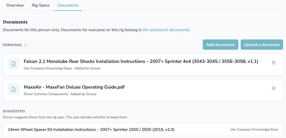 A customer's Documents tab in the Grover portal, with two added manuals and Grover's suggestions