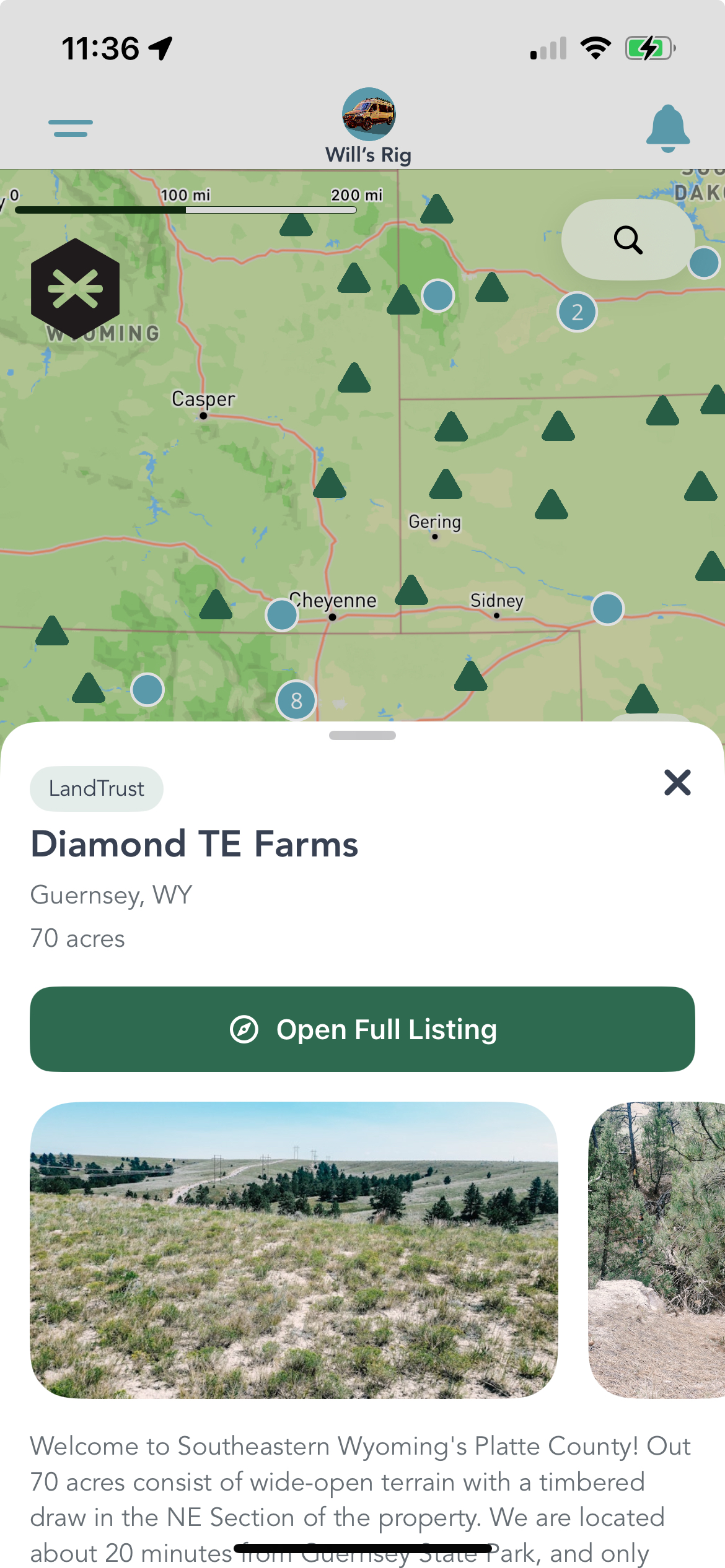 LandTrust property detail card showing Diamond TE Farms in Guernsey, WY on the Grover map