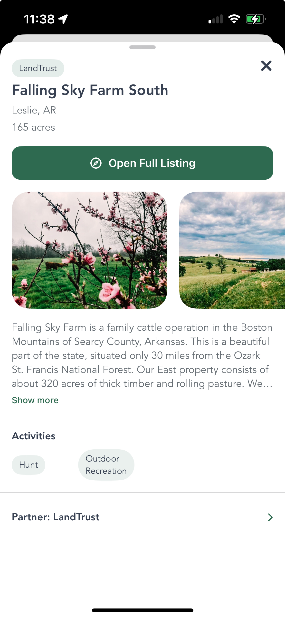 LandTrust property detail card showing Falling Sky Farm South in Leslie, AR