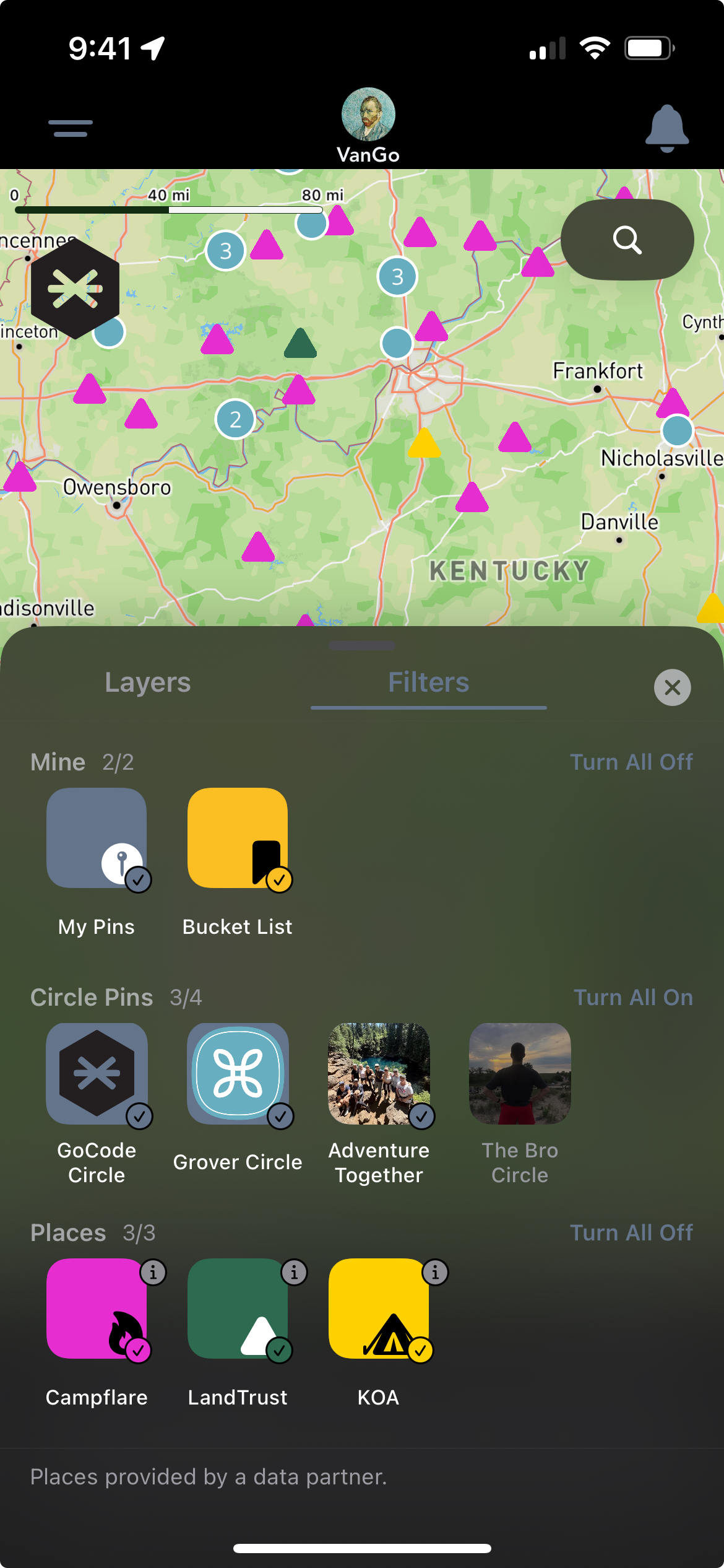 Grover's redesigned Layers and Filters drawer, with Mine (My Pins, Bucket List), Circle Pins (GoCode Circle, Grover Circle, Adventure Together, The Bro Circle), and Places (Campflare, LandTrust, KOA) all in one unified view