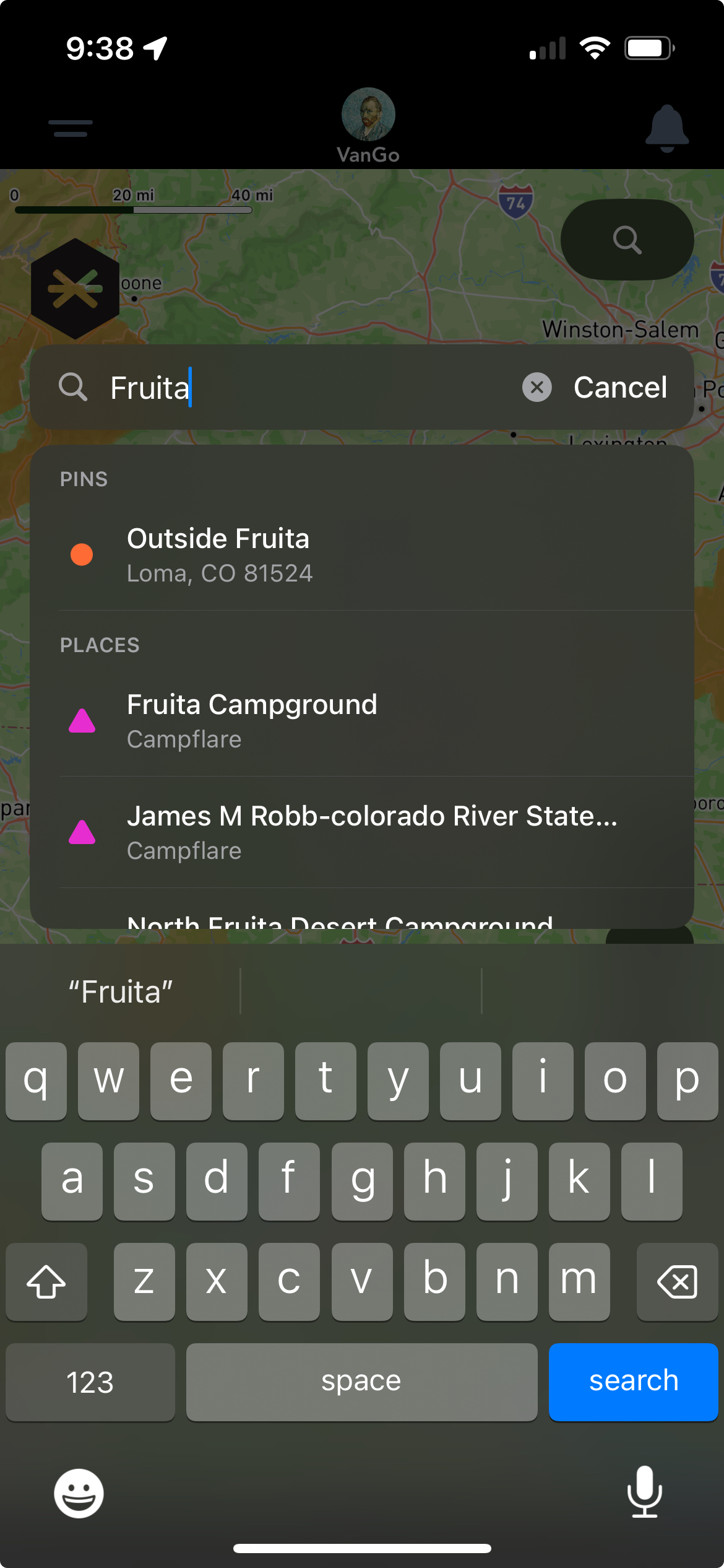 Grover map search results for the term Fruita, showing a Pins section with the user's own Outside Fruita pin and a Places section with Campflare campgrounds like Fruita Campground