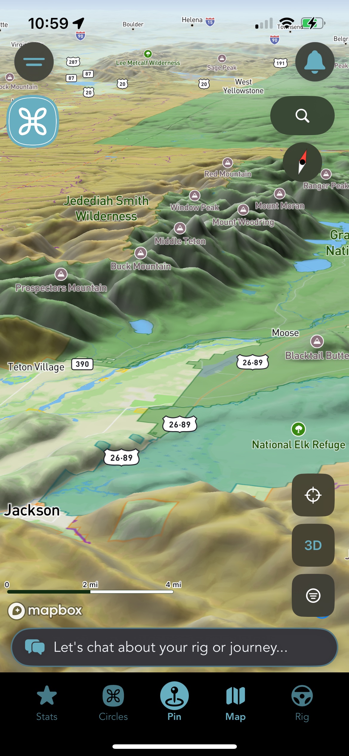 The Grover map in 3D over the Tetons, showing peaks including Grand Teton, Mount Moran, and Buck Mountain, with the National Elk Refuge marked near Jackson