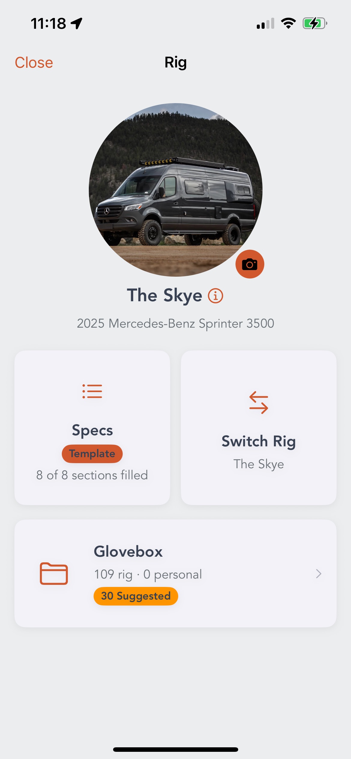 The Grover Rig Hub screen titled Rig with a Close button, a circular photo of a black Mercedes-Benz Sprinter as the rig avatar with a camera edit button, the rig name The Skye above 2025 Mercedes-Benz Sprinter 3500, then a Specs tile reading Template and 8 of 8 sections filled, a Switch Rig tile reading The Skye, and a full width Glovebox tile reading 109 rig, 0 personal with an orange 30 Suggested badge