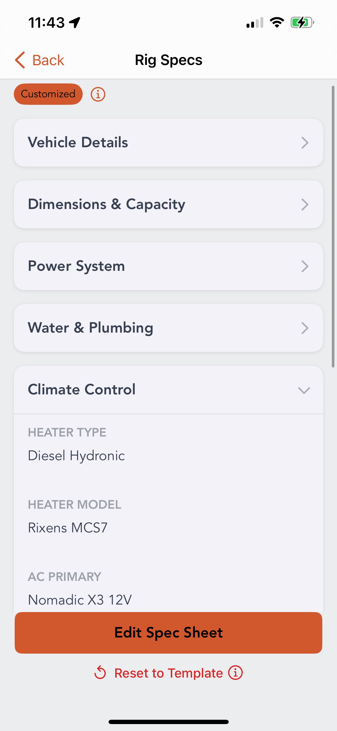 The Grover Rig Specs screen showing an orange Customized pill, then collapsed section rows for Vehicle Details, Dimensions and Capacity, Power System and Water and Plumbing, with Climate Control expanded to show Heater Type of Diesel Hydronic, Heater Model of Rixens MCS7 and AC Primary of Nomadic X3 12V, above an Edit Spec Sheet button and a Reset to Template link