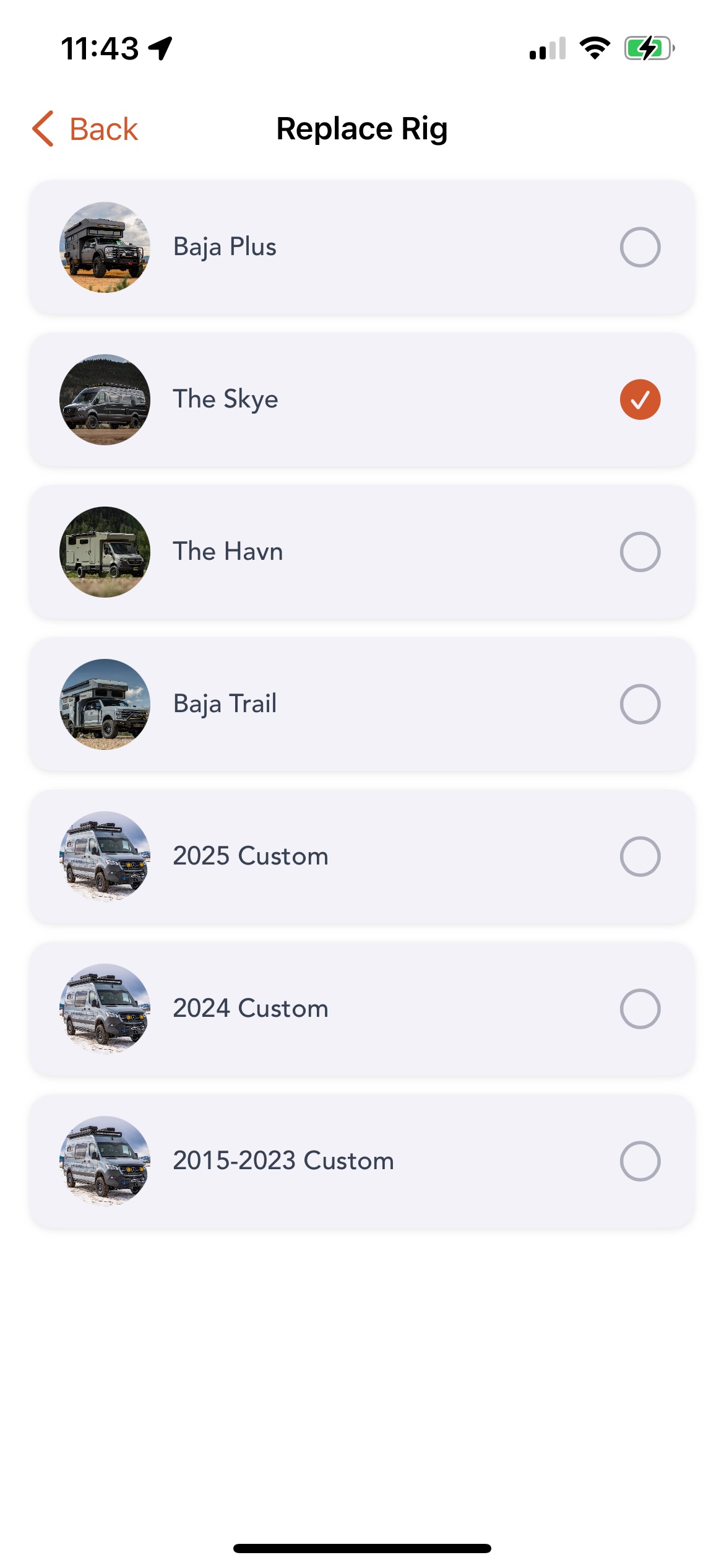The Grover rig selection screen titled Replace Rig, listing rigs with thumbnail photos: Baja Plus, The Skye with an orange checkmark marking it as current, The Havn, Baja Trail, 2025 Custom, 2024 Custom, and 2015-2023 Custom