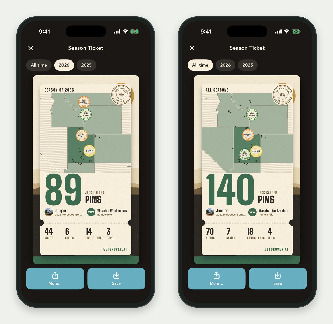 Two Grover Season Tickets on iPhones, one for the 2026 season and one for all seasons, with camped states filled in on a map, round public-land stamps, the rig and the home circle, and totals for pins, nights, states, public lands and trips