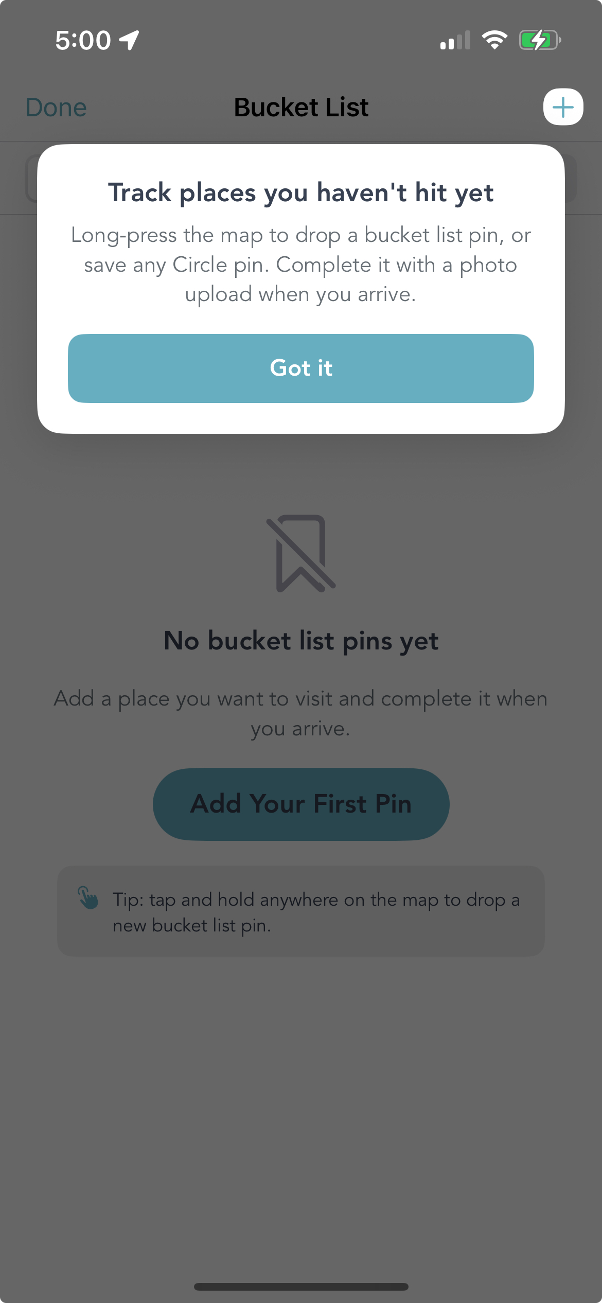 Grover app showing the Bucket List tutorial overlay with 'Track places you haven't hit yet'