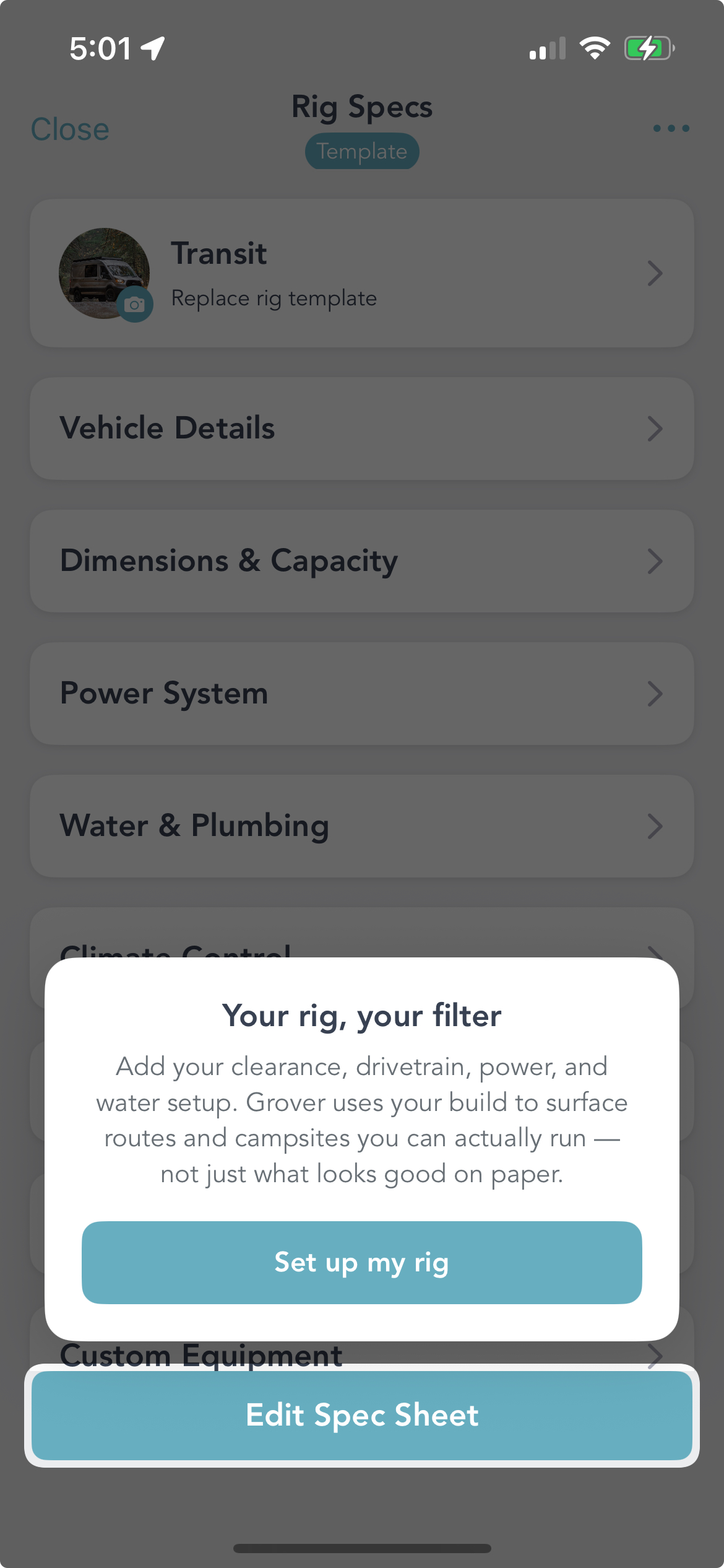 Grover app showing the 'Your rig, your filter' tutorial overlay on the Rig Specs screen