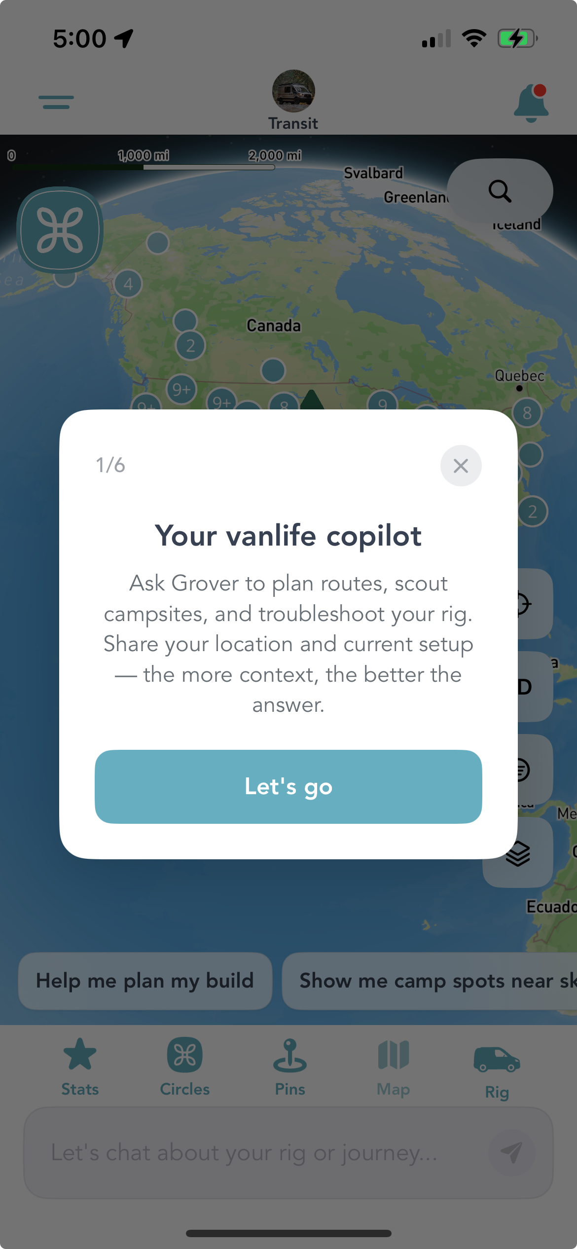 Grover app showing the 'Your vanlife copilot' tutorial overlay on the map screen