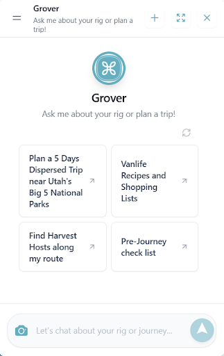 Grover vanlife app home screen showing chat interface with suggested prompts and recent conversations for easy van life planning
