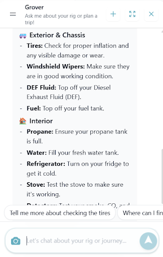 Grover vanlife app chat showing detailed van maintenance checklist for GoCode van before long road trip including exterior, interior, and safety checks