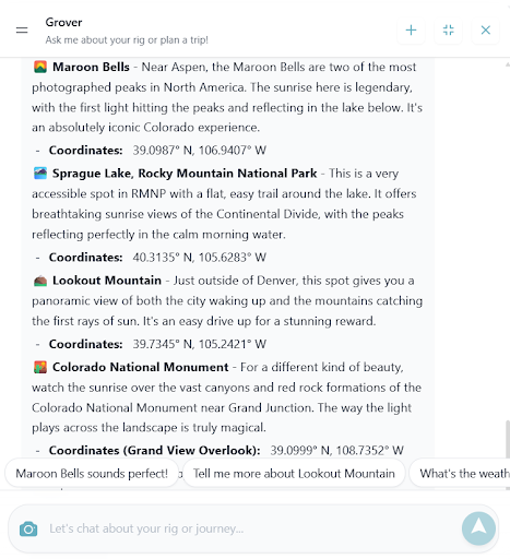 Grover vanlife app chat response showing Colorado sunrise spots with detailed recommendations for van life photographers and outdoor enthusiasts