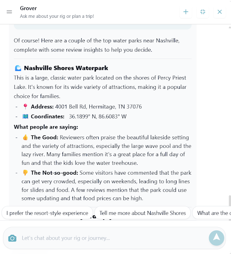 Grover vanlife app chat showing water park recommendations near Nashville TN with detailed reviews and family-friendly vanlife travel suggestions